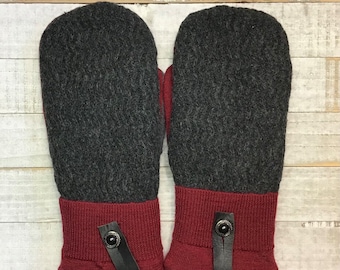 Wool Sweater Mittens, Upcycled Sweaters, Textured Gray And Red Mittens, Women’s Medium Mittens, Fleece-Lined Repurposed Sweater Mittens