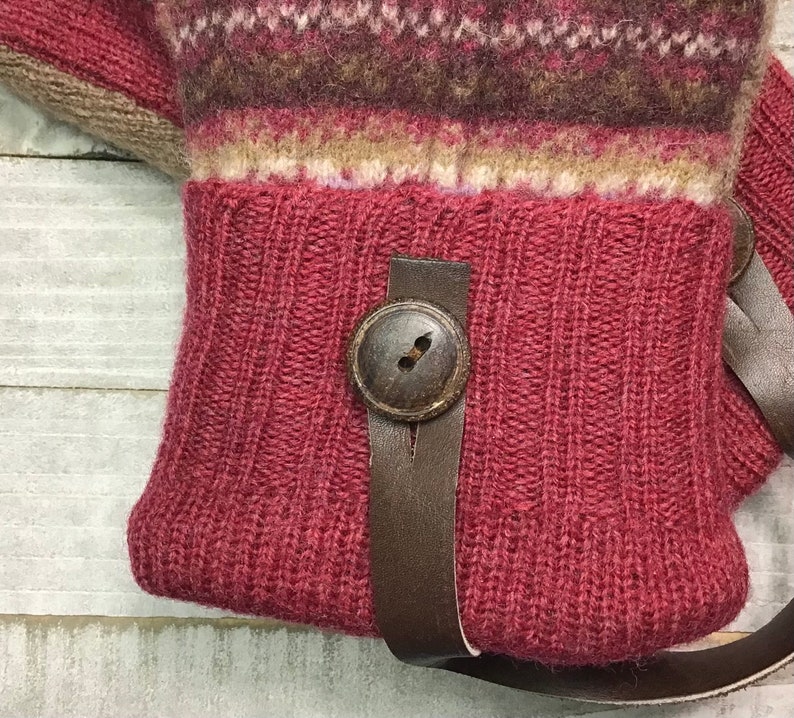 Wool Sweater Mittens, Upcycled Sweaters, Brown And Red Patterned Mittens, Womens Medium Mittens, Fleece-Lined Repurposed Sweater Mittens image 5