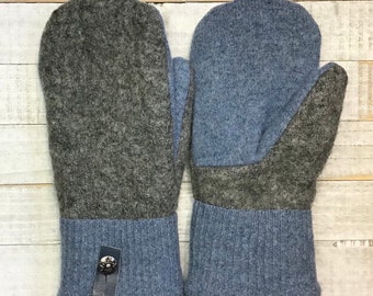 Wool Sweater Mittens, Upcycled Sweaters, Cabled Gray And Blue Mittens, Women’s Medium Mittens, Fleece-Lined Repurposed Sweater Mittens