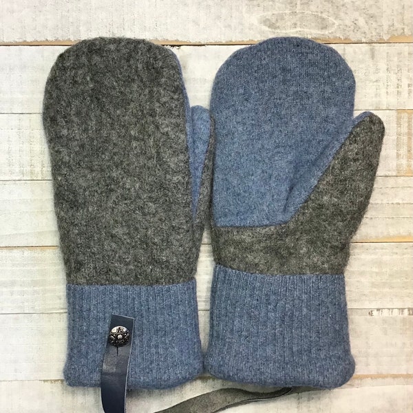 Wool Sweater Mittens, Upcycled Sweaters, Cabled Gray And Blue Mittens, Women’s Medium Mittens, Fleece-Lined Repurposed Sweater Mittens