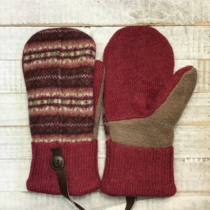 Wool Sweater Mittens, Upcycled Sweaters, Brown And Red Patterned Mittens, Womens Medium Mittens, Fleece-Lined Repurposed Sweater Mittens image 2