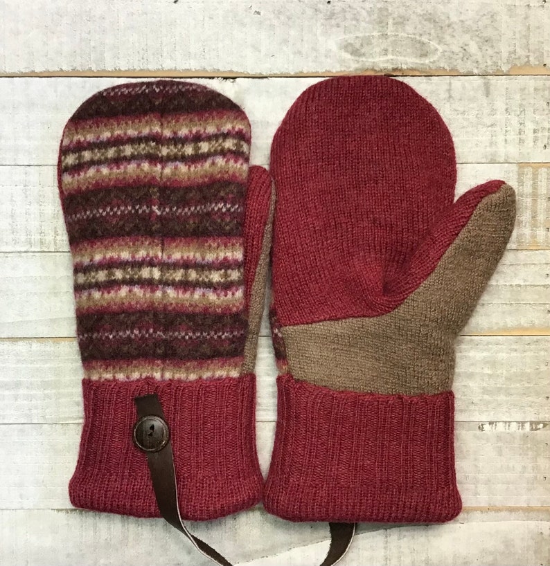 Wool Sweater Mittens, Upcycled Sweaters, Brown And Red Patterned Mittens, Womens Medium Mittens, Fleece-Lined Repurposed Sweater Mittens image 2