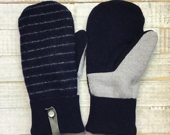 Wool Sweater Mittens, Upcycled Sweaters, Navy Blue And Gray Striped Mittens, Women’s Medium Mittens, Fleece-Lined Repurposed Sweater Mittens