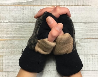 Upcycled Wool Fingerless Mittens: Black & Camel Sweater, Women's Medium