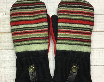 Wool Sweater Mittens, Upcycled Sweaters, Black Green And Red Mittens, Women’s Medium Mittens, Fleece-Lined Repurposed Sweater Mittens