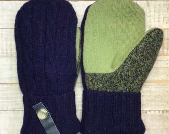 Wool Sweater Mittens, Upcycled Sweaters, Cabled Blue and Green Mittens, Women’s Medium Mittens, Fleece-Lined Repurposed Sweater Mittens