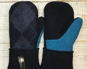 Wool Sweater Mittens, Upcycled Sweaters, Black And Turquoise Argyle Mittens, Women’s Medium Mittens, Fleece-Lined Repurposed Sweater Mittens