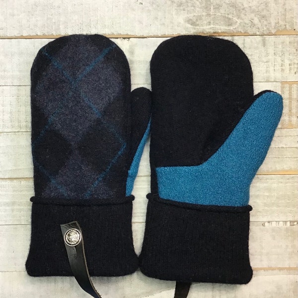 Wool Sweater Mittens, Upcycled Sweaters, Black And Turquoise Argyle Mittens, Women’s Medium Mittens, Fleece-Lined Repurposed Sweater Mittens