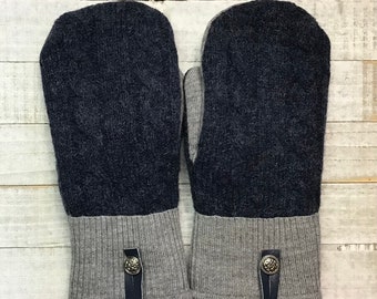 Wool Sweater Mittens, Upcycled Sweaters,  Blue And Gray Patterned Mittens, Women’s Medium Mittens, Fleece-Lined Repurposed Sweater Mittens