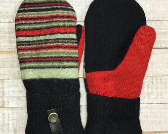 Upcycled Wool Sweater Mittens: Red Green And Black Fleece-Lined, Women’s Medium