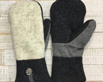 Upcycled Wool Sweater Mittens: Cream And Gray Fleece-Lined, Women’s Medium