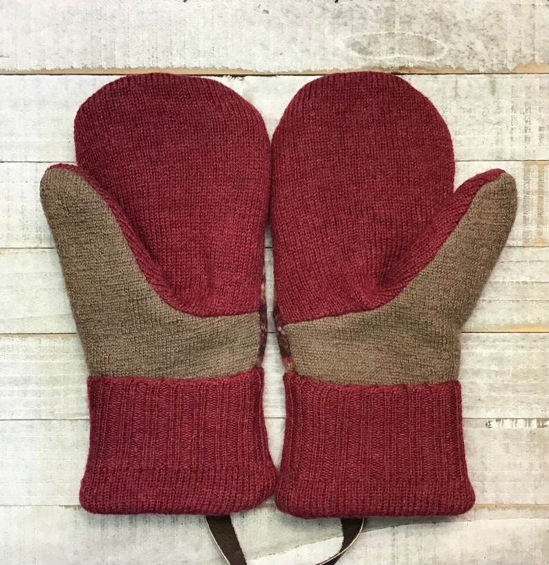 Wool Sweater Mittens, Upcycled Sweaters, Brown And Red Patterned Mittens, Womens Medium Mittens, Fleece-Lined Repurposed Sweater Mittens image 3