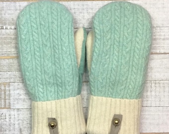 Wool Sweater Mittens, Upcycled Sweaters, Cabled Mint And Cream Mittens, Women’s Medium Mittens, Fleece-Lined Repurposed Sweater Mittens