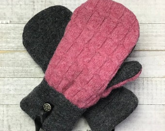 Wool Sweater Mittens, Upcycled Sweaters, Pink And Gray Cabled Mittens, Women’s Medium Mittens, Fleece-Lined Repurposed Sweater Mittens