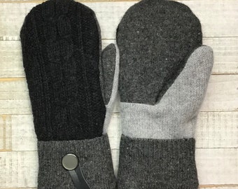 Wool Sweater Mittens, Upcycled Sweaters,  Charcoal And Gray Mittens, Women’s Medium Mittens, Fleece-Lined Repurposed Sweater Mittens