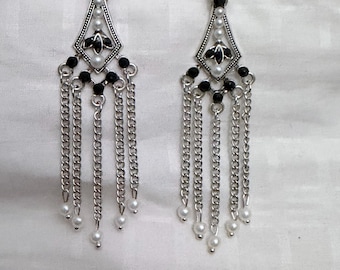 Handmade Silver-Tone Chandelier Earrings, Pearl and Black White Stone Dangle