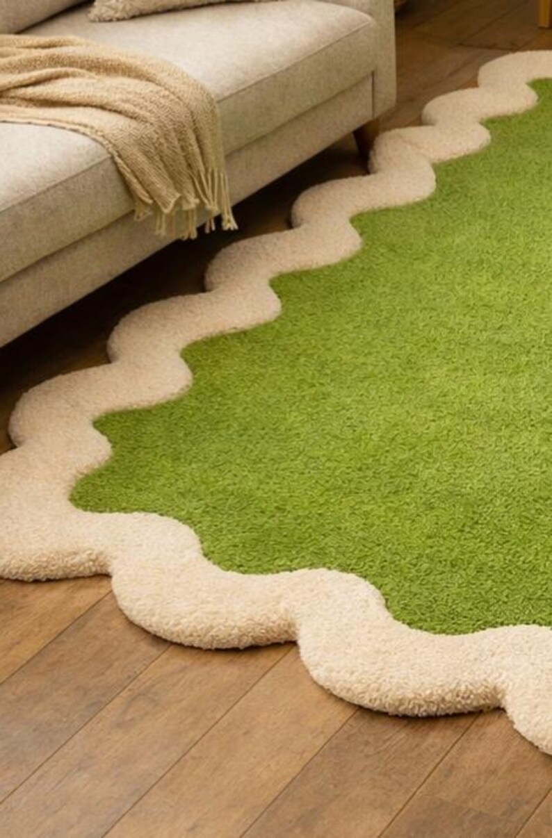 Wavy Edged Rug Green Scalloped Tufted Rug, Organic Shape Area Rug, Handmade Modern ...