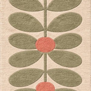 May include: A beige rug with a repeating floral pattern. The design features olive green leaves and coral-colored circular accents. The rug has a textured, plush appearance, suitable for home decor.