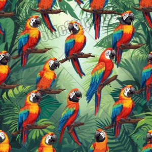 Puede incluir: Patrón repetitivo de guacamayos coloridos posados en ramas sobre un fondo de exuberante follaje verde. Los loros presentan un plumaje rojo, amarillo y azul vibrante, con picos negros y marcas faciales blancas. El diseño evoca un tema tropical.