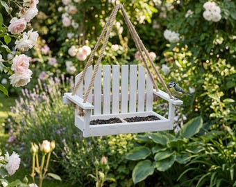 Hanging Wooden Bird Feeder Chair – Outdoor Garden Bird Feeder – Rustic Patio Hanging Bird Feeder – Decorative Yard Ornament