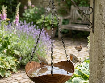 Wood-Inspired Hanging Bird Bath Feeder Bowl for Outdoor Garden Decor & Bird Feeding