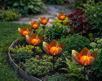 Lámpara solar de jardín con forma de flor de loto para exteriores, con estaca impermeable.
