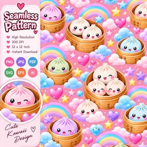 Pode incluir: Um padrão contínuo com dumplings estilo kawaii em cestas de bambu, arco-íris coloridos, corações cor-de-rosa e nuvens pastel num fundo rosa. O design inclui etiquetas de texto para alta resolução, 300 DPI e formatos de ficheiro.