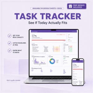 Puede incluir: Un panel de control digital de seguimiento de tareas en la pantalla de un portátil y un smartphone. La interfaz muestra encabezados morados, gráficos y listas bajo el nombre Command, con diversas métricas. Texto: Task Tracker.
