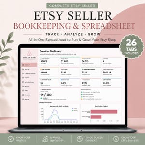 Può includere: Uno schermo di computer portatile che mostra una dashboard di contabilità e fogli di calcolo per venditori Etsy. L'interfaccia presenta metriche finanziarie, grafici e 26 schede incluse. Testo: Complete Etsy Seller, Track, Analyze, Grow.