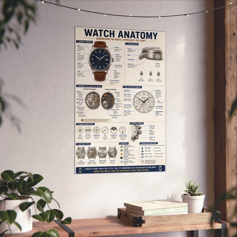 Póster de anatomía del reloj Diagrama de las partes del reloj Arte mural de relojería imagen 6