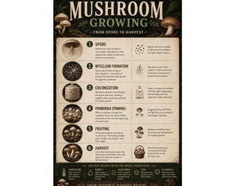 Mushroom Growing Guide Poster Fungi Life Cycle Wall Art