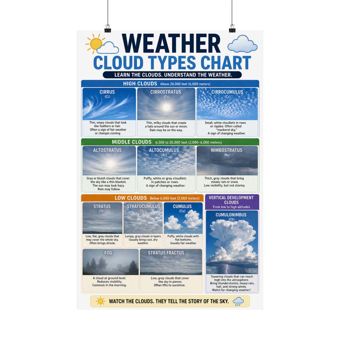 Weather Cloud Types Chart Educational Poster Clouds Identification ...