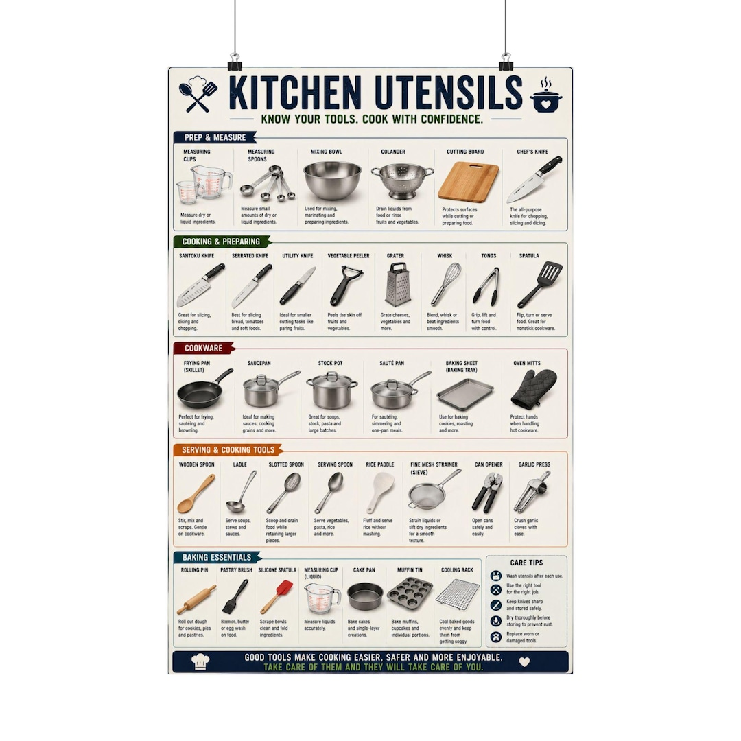 Kitchen Utensils Identification Chart Poster Cooking Tools Guide - Etsy