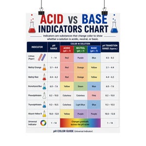 Può includere: Un grafico intitolato "ACID vs BASE INDICATORS CHART" che mostra gli indicatori di pH. Il grafico mostra i cambiamenti di colore per soluzioni acide, neutre e basiche, tra cui tornasole, arancio di metile e fenolftaleina.