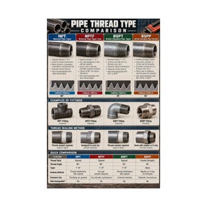 May include: A Pipe Thread Type Comparison chart detailing NPT, NPTF, BSPT, and BSPP standards. The poster displays metal pipe ends, thread profiles, fitting examples, sealing methods, and a quick comparison table with technical specifications.