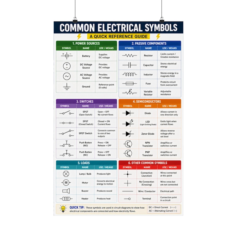 Wire Reference Numberws Common Electrical Symbols Poster Wiring Reference Chart - Etsy