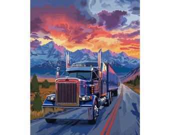 Semi Truck Vintage Road Sunset Poster Wall Art