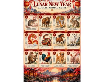 May include: A Lunar New Year Zodiac Animal Guide poster featuring twelve animals in a grid, each with associated years and traits. The top text reads Lunar New Year Zodiac Animal Guide. The bottom shows a landscape with a bridge and sunset.
