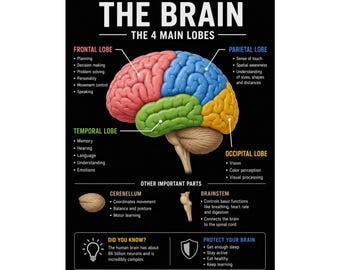 Brain Anatomy Poster The 4 Main Lobes Educational Poster