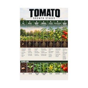 Puede incluir: Un póster educativo vertical titulado TOMATO GROWTH STAGES, que ilustra siete fases de desarrollo desde la semilla hasta la cosecha. Cada etapa incluye un diagrama etiquetado, plazos en días o semanas y texto descriptivo de cuidados.