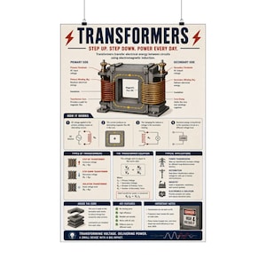 May include: An educational poster titled TRANSFORMERS STEP UP. STEP DOWN. POWER EVERY DAY. It features a central diagram of an electrical transformer with copper coils, alongside sections explaining how it works, types, equations, and applications.