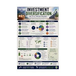 May include: An educational poster titled Investment Diversification featuring a basket of eggs, a bar chart, and detailed infographics explaining financial risk management, asset classes, and portfolio strategies with text and icons on a light background.