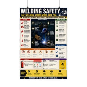 May include: A vertical informational poster titled WELDING SAFETY with the subtitle SAFE WELDING. STRONG WORK. SAFE YOU. The poster features a central image of a welder in protective gear, surrounded by sections on hazards, protection, and fire safety.