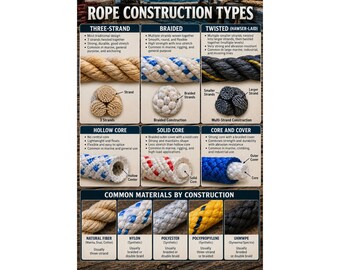 Rope Construction Types Poster Nautical Rope Guide Knots & Materials
