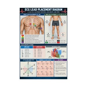 May include: An educational poster titled ECG LEAD PLACEMENT DIAGRAM featuring anatomical illustrations of chest and limb electrode positions, lead groups, views, a cardiac axis chart, 12-lead ECG waveforms, and key clinical points.