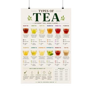 May include: A wall poster titled Types of Tea featuring twelve distinct tea varieties with corresponding cup illustrations, flavor profiles, and caffeine levels. The bottom section includes a brewing guide with water temperatures and steep times.