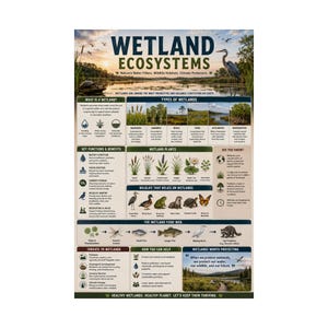 May include: An educational poster titled Wetland Ecosystems featuring a landscape photograph of a marsh with a heron. The chart includes sections on types of wetlands, plant life, wildlife, food webs, and conservation tips with icons and text.