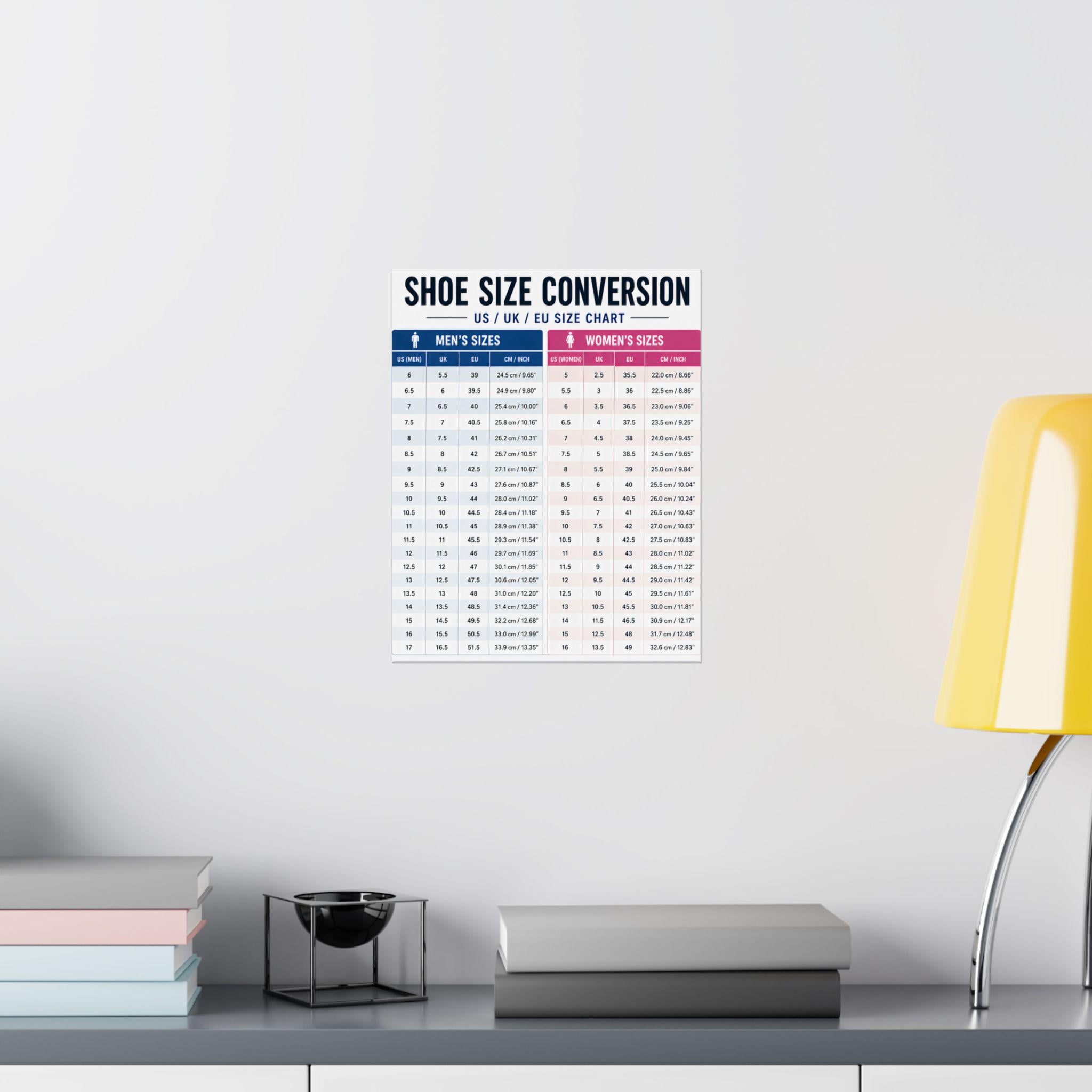 Shoe Size Conversion Chart Poster US UK EU Sizes Matte Vertical Guide ...