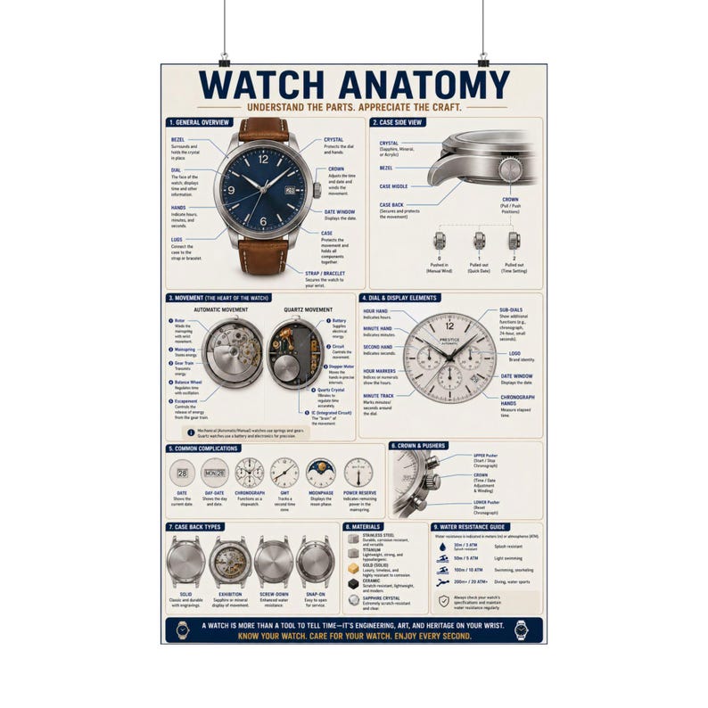 Póster de anatomía del reloj Diagrama de las partes del reloj Arte mural de relojería imagen 9