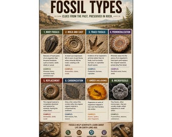 Fossil Types Educational Chart Poster Paleontology Wall Art